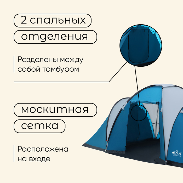 Палатка туристическая 6-местная maclay VOCATION EXTRA 6, 460×335×185 см, кемпинговая, двухслойная, с тамбуром, голубая