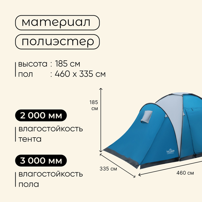 Палатка туристическая 6-местная maclay VOCATION EXTRA 6, 460×335×185 см, кемпинговая, двухслойная, с тамбуром, голубая