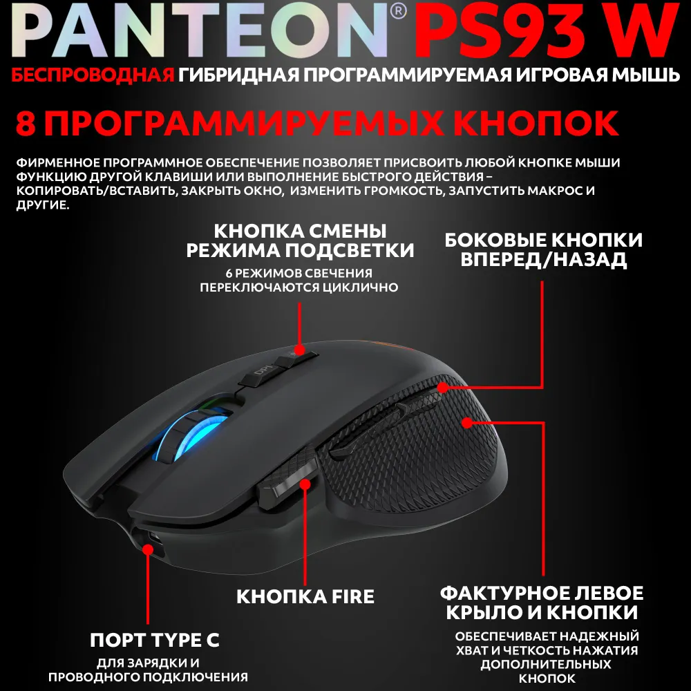 Беспроводная игровая мышь с RGB-подсветкой PANTEON PS93 W Black