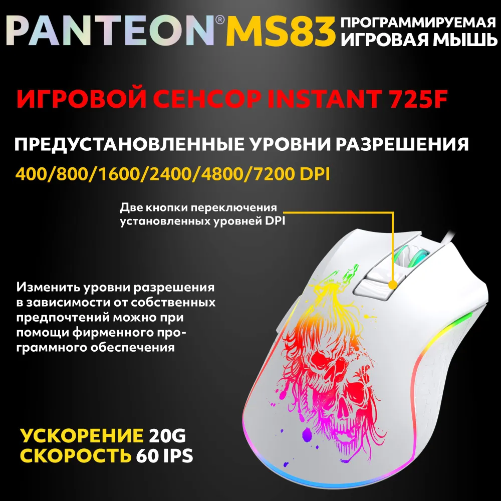 Игровая программируемая мышь с RGB-подсветкой PANTEON MS83 White