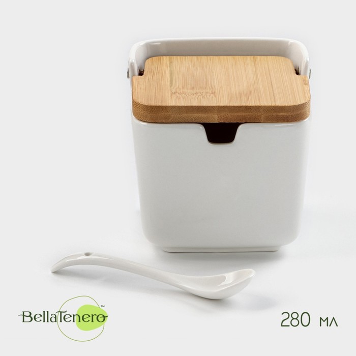 Банка для сыпучих продуктов BellaTenero, 280 мл, 9×9.5 см, с ложкой, бамбуковая крышка, фарфор, белая