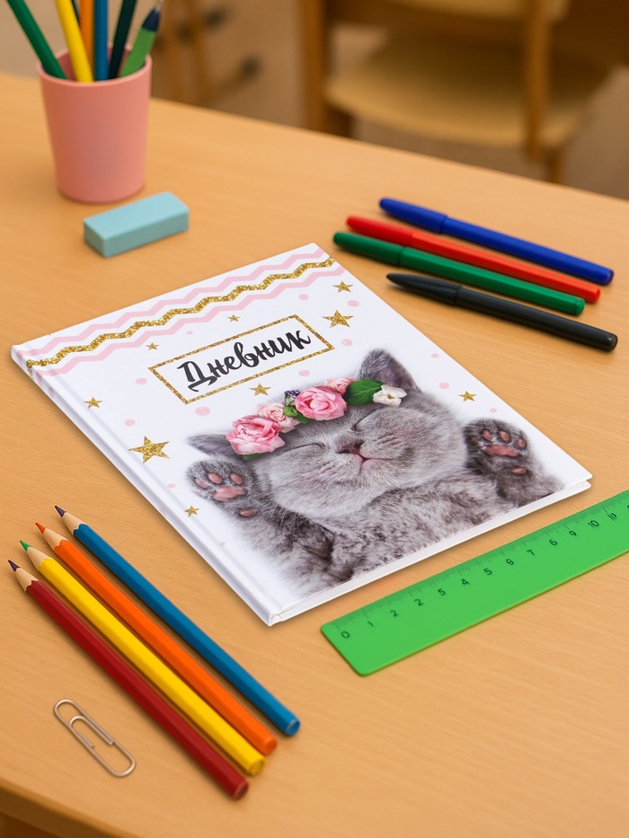 Дневник школьный для 1-11 классов, «Котенок с розами», твёрдая обложка 7БЦ, глянцевая ламинация, 40 листов