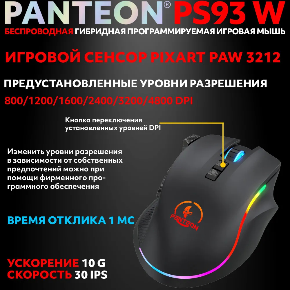 Беспроводная игровая мышь с RGB-подсветкой PANTEON PS93 W Black