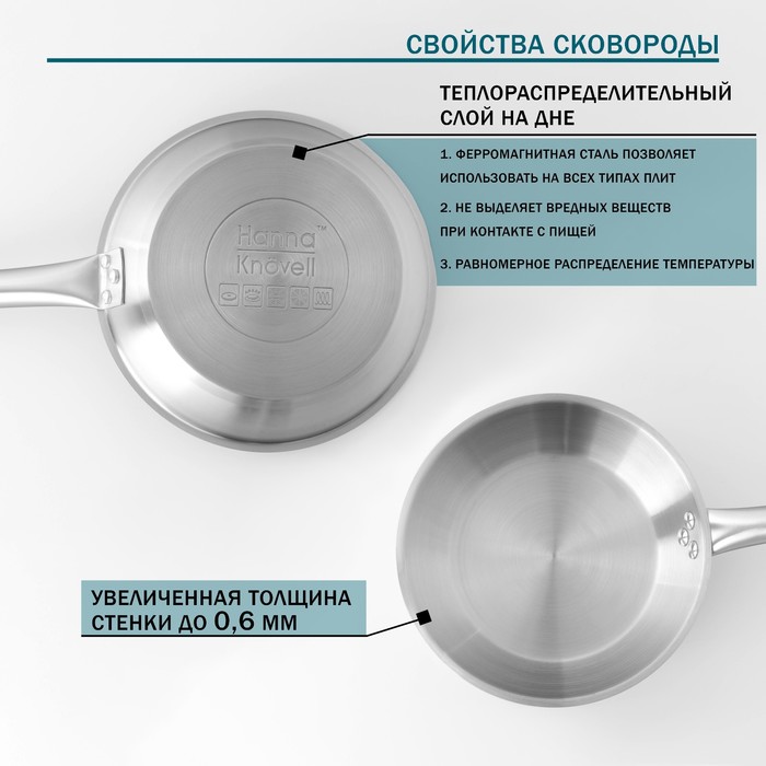 Сковорода Hanna Knövell, d=30 см, h=5.5 см, нержавеющая сталь, толщина стенки 0.6 мм, длина ручки 24.5 см, индукция