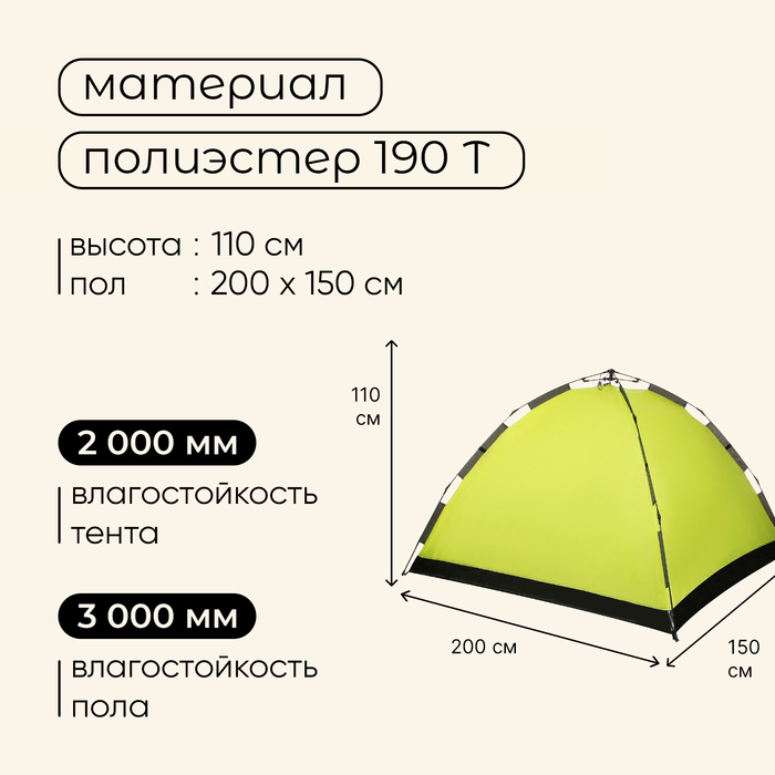 Палатка туристическая 2-местная maclay SWIFT 2, 200×150×110 см, автоматическая, трекинговая, однослойная, зелёная