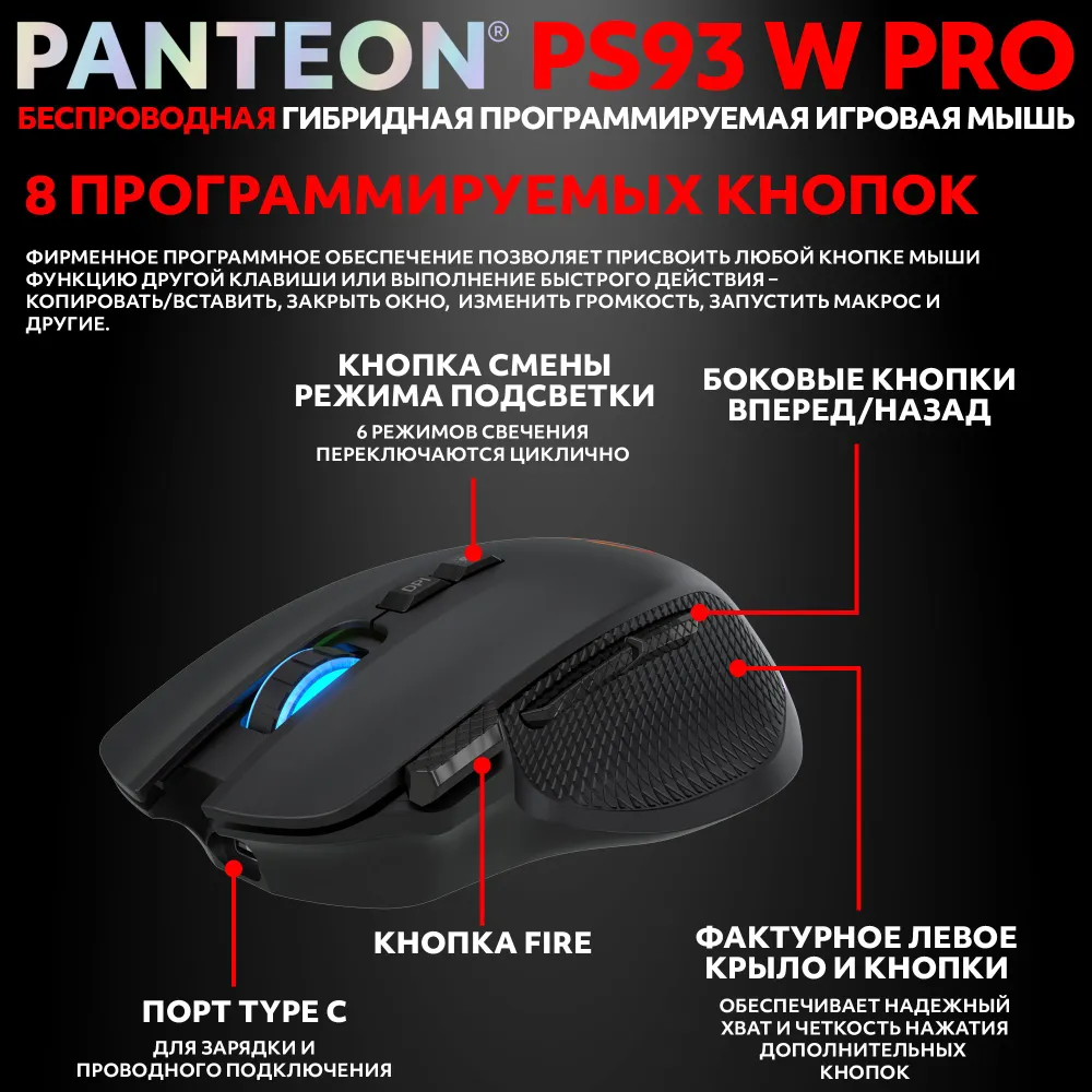 Беспроводная игровая мышь с RGB-подсветкой PANTEON PS93 W PRO Black