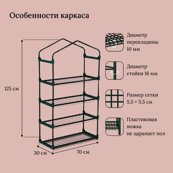 Парник-стеллаж, 4 полки, 125×70×30 см, металлический каркас d=16 мм, чехол плёнка 80 мкм, Greengo
